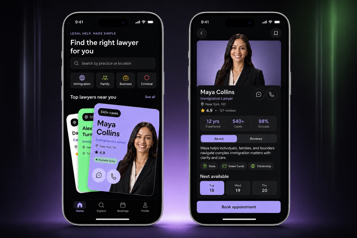 AI-matched legal booking app showing lawyer search and profile screens