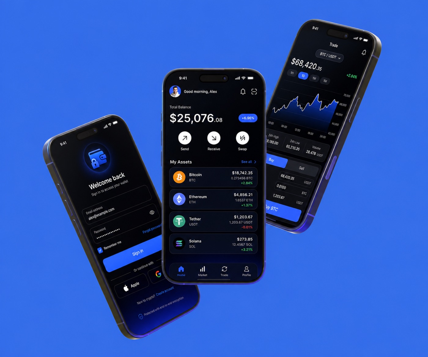 Crypto wallet app with sign-in, balance, and trading screens